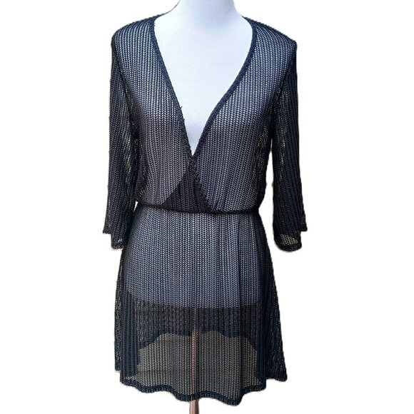 Black Sheer Swimsuit Cover-Up Plunging V-Neck 3/4 Sleeves Beach Vacation Cruise - Picture 1 of 8